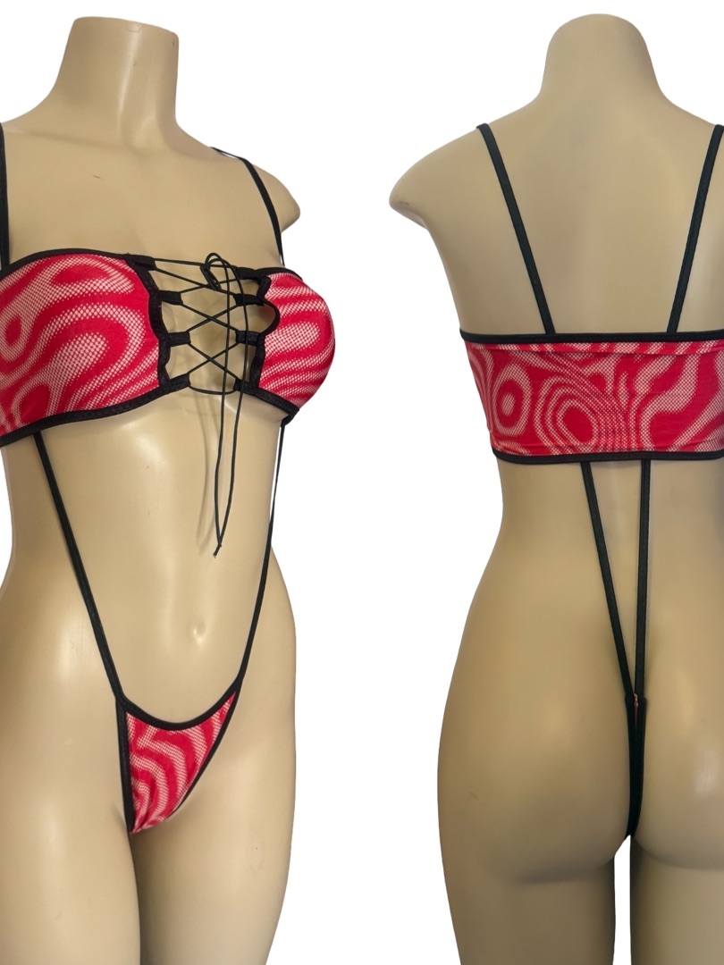 Sexy Red Swirl Lace-Up Mesh Exotic Dance Or Rave Bikini Set